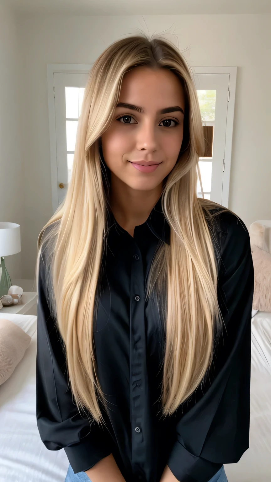 A 23-year-old blonde woman, ((pechos grandes)), ((hiperrealismo)) ,. blonde hair with light brown roots. cabello rubio, Hair with brown roots, cabello extra largo, cabello muy largo, really long hair, ponytail hair, Beautiful, Front view, selfie, photo taken with iPhone, elegant black shirt with escote, escotada, selfie dans un lit déshabiller lake, high quality, selfie iPhone, cleavage