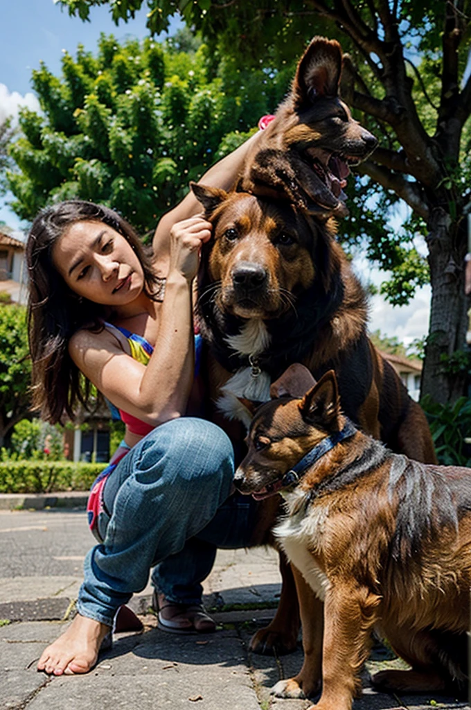 A 40 year old colombian superhero saving a dog from a tree
