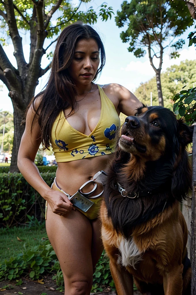 A 40 year old colombian superhero saving a dog from a tree