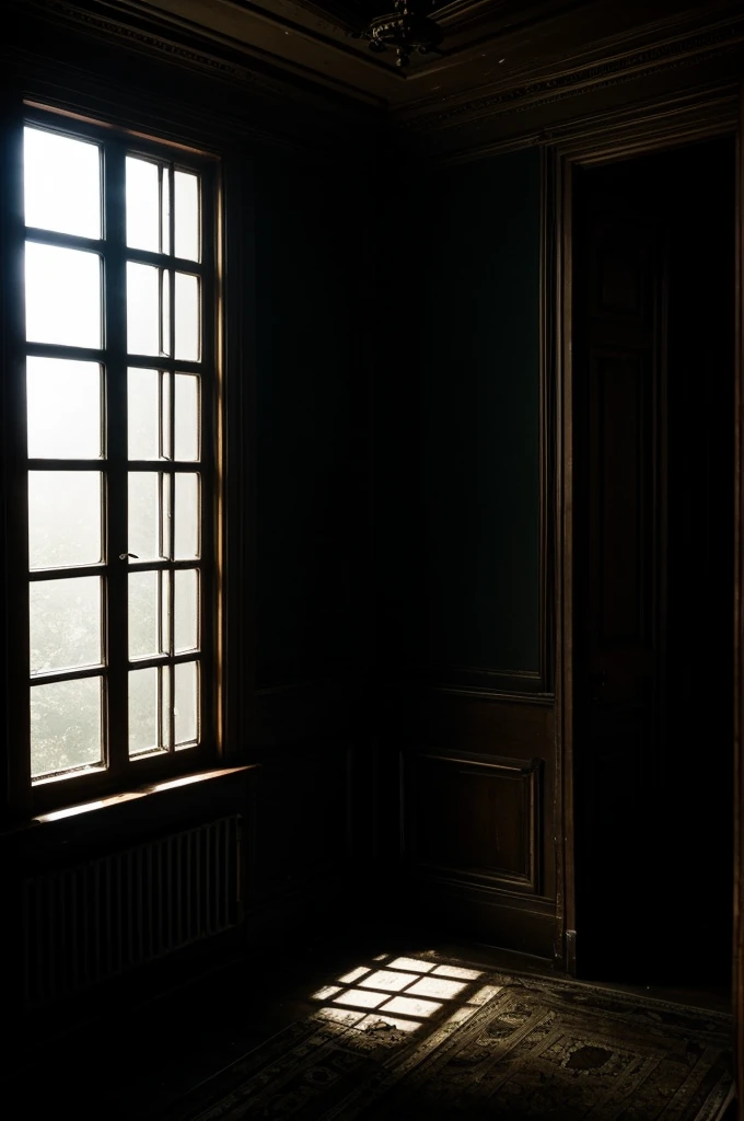 A dark room, light entering through the window. The room is in a very eerie condition. There are many shadowy figures standing inside the room.