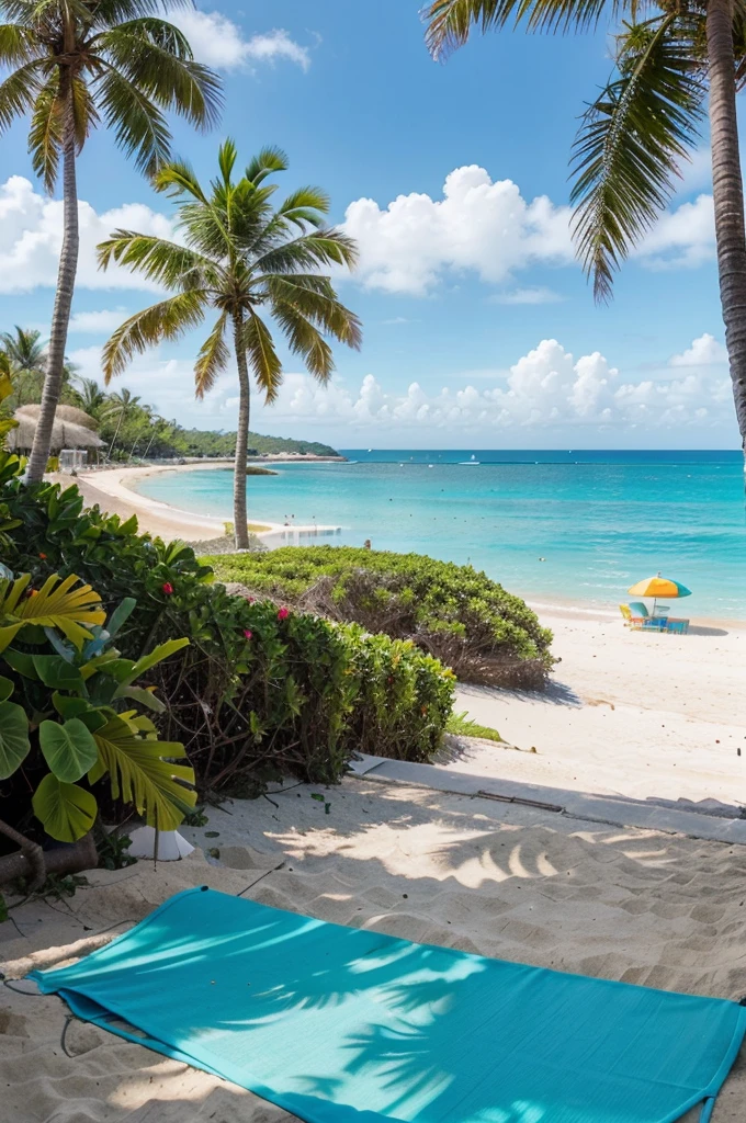 Imagine a paradisiacal beach in Brazil, with tall palm trees that blend gently with the tropical breeze. The sand is white and soft, extending towards the sea of turquoise and crystalline waters. The sky is clear and blue, with the sun shining brightly and creating sparkles on the water.
along the beach, There are colorful beach umbrellas and comfortable sun loungers where visitors can relax and enjoy the scenery. Some people have fun swimming in the warm sea, while others enjoy tropical drinks at a nearby beach bar.
on the horizon, You can see some sailing boats sailing in the sea and small green islands that add a touch of exoticism to the landscape.. The sound of the waves gently crashing on the shore completes this idyllic and relaxing scene.