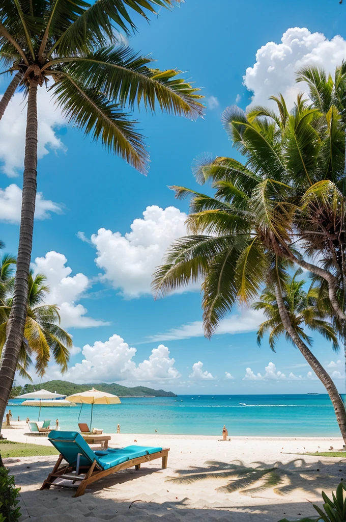 Imagine a paradisiacal beach in Brazil, with tall palm trees that blend gently with the tropical breeze. The sand is white and soft, extending towards the sea of turquoise and crystalline waters. The sky is clear and blue, with the sun shining brightly and creating sparkles on the water.
along the beach, There are colorful beach umbrellas and comfortable sun loungers where visitors can relax and enjoy the scenery. Some people have fun swimming in the warm sea, while others enjoy tropical drinks at a nearby beach bar.
on the horizon, You can see some sailing boats sailing in the sea and small green islands that add a touch of exoticism to the landscape.. The sound of the waves gently crashing on the shore completes this idyllic and relaxing scene.