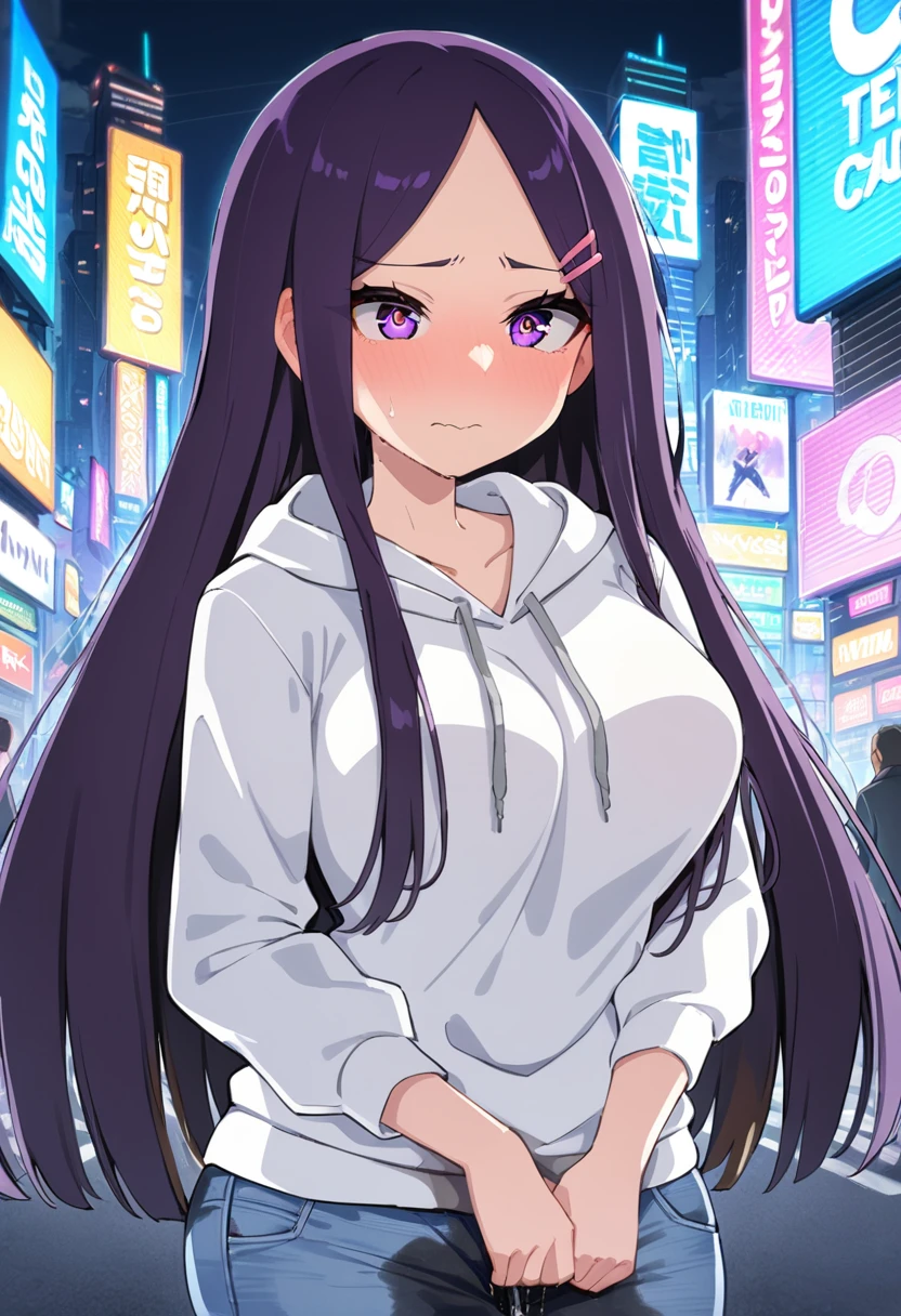 (masterpiece:1.37), best quality, (extremely detailed:1.37), (1girl:1.5), woman, (mature:1.5), (adult:1.5), large breasts, very long hair, (straight hair:1.5), (very dark purple hair:1.5), purple eyes, (extremely detailed eyes:1.37), hoodie, jeans, desperation, (wetting self:1.5), standing, embarrassed, humiliation, blushing, angry, city, futuristic, neon lighting, high-tech, street, skyscraper