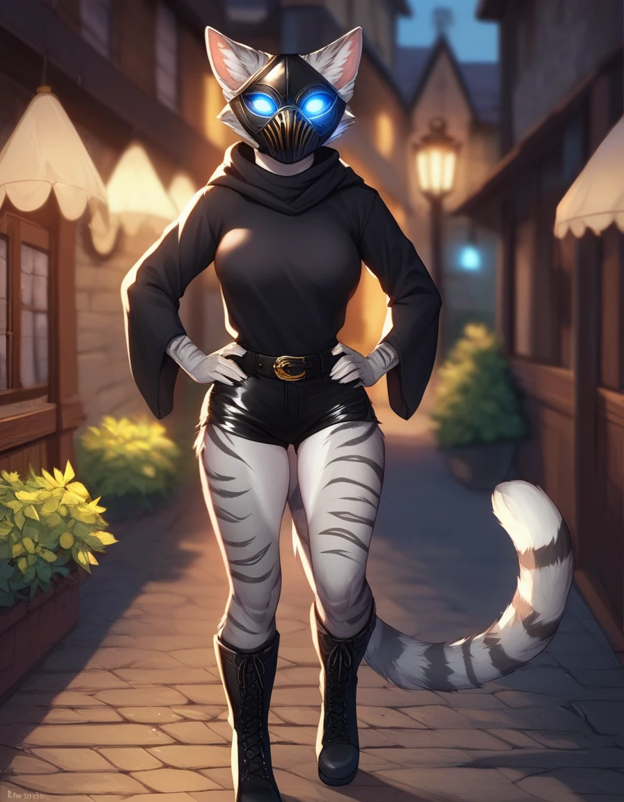 Solo, score_9,score_8_up,score_7_up, source_cartoon, kat, Anthro furry feline, female, hourglass figure, silver fur, grey stripes, furry body, wearing executioners mask, black executioners mask covering whole head, white glowing eyes, hands on hips, walking on wooden gallows, outdoors, in a village, nighttime, hands on hips, black tunic, black belt, black leather short shorts, black boots, black caplet, 
