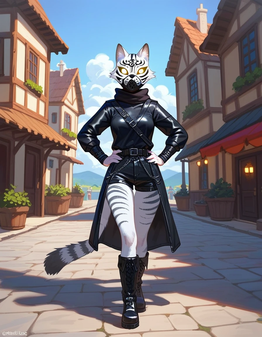 Solo, score_9,score_8_up,score_7_up, source_cartoon, kat, Anthro furry feline, female, hourglass figure, silver fur, grey stripes, furry body, wearing executioners mask, black executioners mask covering whole head, white glowing eyes, hands on hips, walking on wooden gallows, outdoors, in a village, nighttime, hands on hips, black tunic, black belt, black leather short shorts, black boots, black caplet,