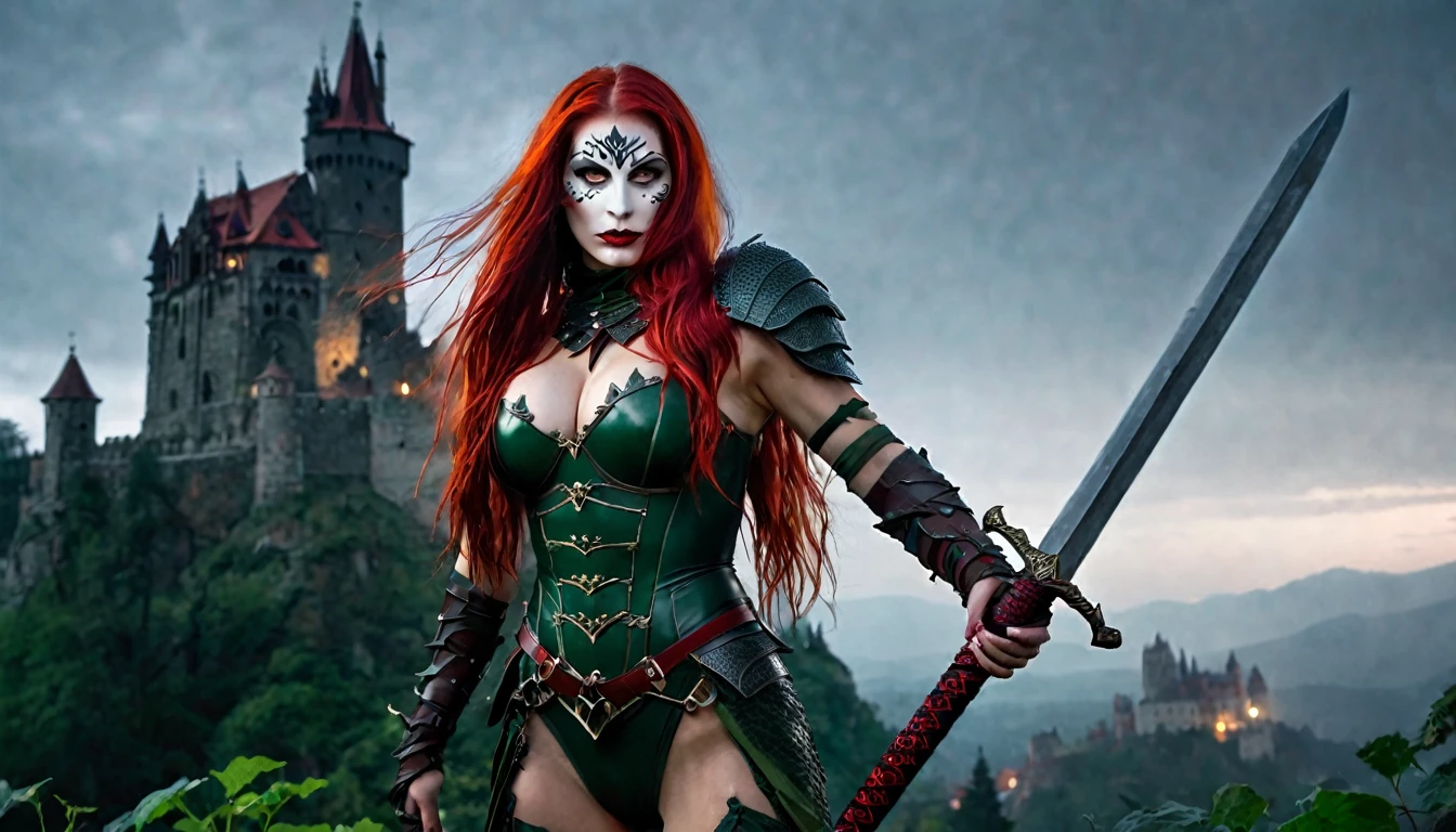 barbarian warrior woman, athletic body, dark green armor, with poison ivy mask, long red hair, legendary sword in hand, Dracula's castle in the background, nightfall, white fog, ethereal atmosphere, cinematic lighting, photorealistic , (best quality, 8k, high resolution, masterpiece: 1.2), ultra detailed, realistic, photorealistic: 1.37, spectacular lighting, moody, fantasy, concept art