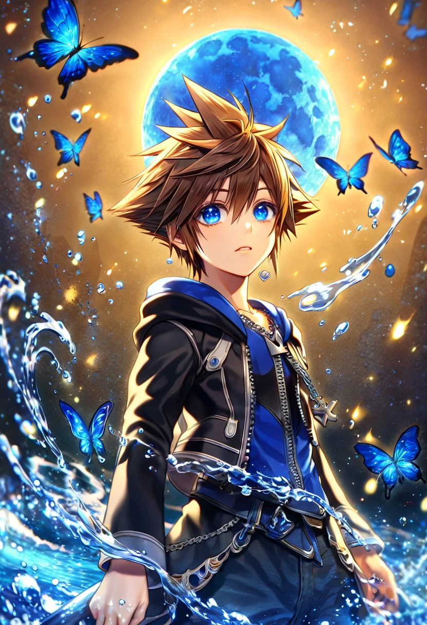 absurdres, highres, ultra detailed, HDR, master piece, best quality, extremely detailed, Sora, brown hair, expressive blue eyes, Kingdom Hearts, solo, sexy man, handsome, black jacket, fantasy, water, sparkling, blue glittering fireflies, blue moon, blue flowers, blue butterflies, starry sky