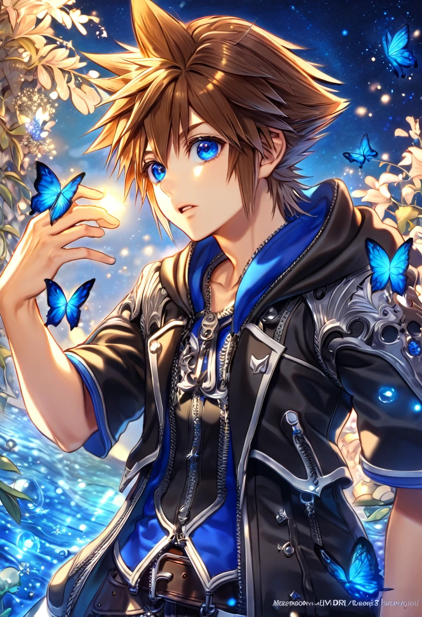 absurdres, highres, ultra detailed, HDR, master piece, best quality, extremely detailed, Sora, brown hair, expressive blue eyes, Kingdom Hearts, solo, sexy man, handsome, black jacket, fantasy, water, sparkling, blue glittering fireflies, blue moon, blue flowers, blue butterflies, starry sky