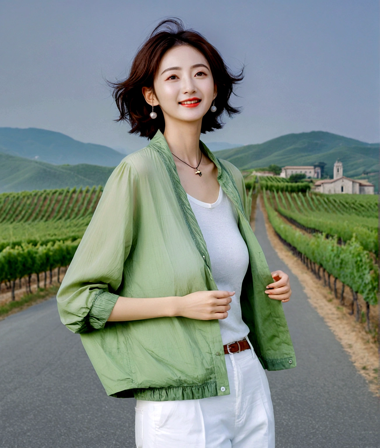 8k best picture quality, Beautiful 36-year-old Korean woman, My skin is good and my eyes are clear and pretty... clear and nice weather. Chest size 34 inches, italian countryside, past the vineyard, A cathedral can be seen in the fog in the distance.., The back background is realistic and vivid quality., Short and medium hair blowing in the wind, Wearing a white shirt under a luxurious knit. casual pants, laugh. the background is clear, Short and slim Korean woman, stand far away, Photo taken with a wide-angle lens, 1 woman.