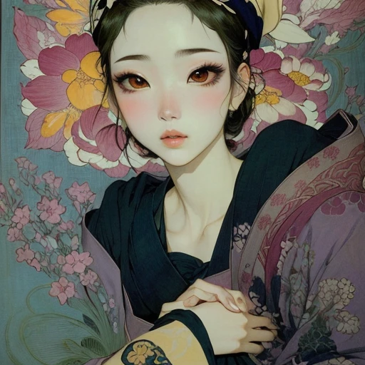 a close up of a woman with a flowered hat on, korean art nouveau anime, style of takato yamamoto, takato yamamoto aesthetic, japanese pop surrealism, inspired by Takato Yamamoto, by Takato Yamamoto, by Yamagata Hiro, by Harumi Hironaka, by amano, by Yanagawa Nobusada