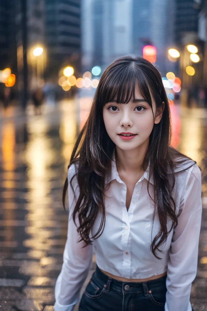 22year old beautiful girl、Highest image quality、realistic、16K、beautiful woman、long hair、With bangs、Pretty slim、heavy rain、While walking through the city in the rain、wet from heavy rain、Full body figure、thin waist、clear background、Look up at the sky