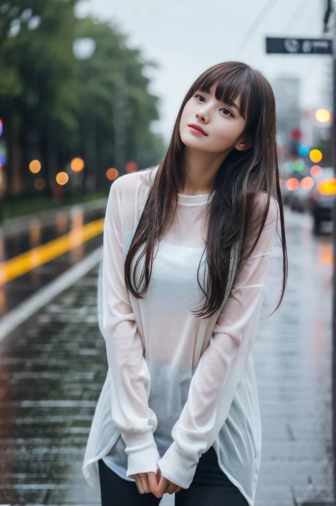 22year old beautiful girl、Highest image quality、realistic、16K、beautiful woman、long hair、With bangs、Pretty slim、heavy rain、While walking through the city in the rain、wet from heavy rain、Full body figure、thin waist、clear background、Look up at the sky
