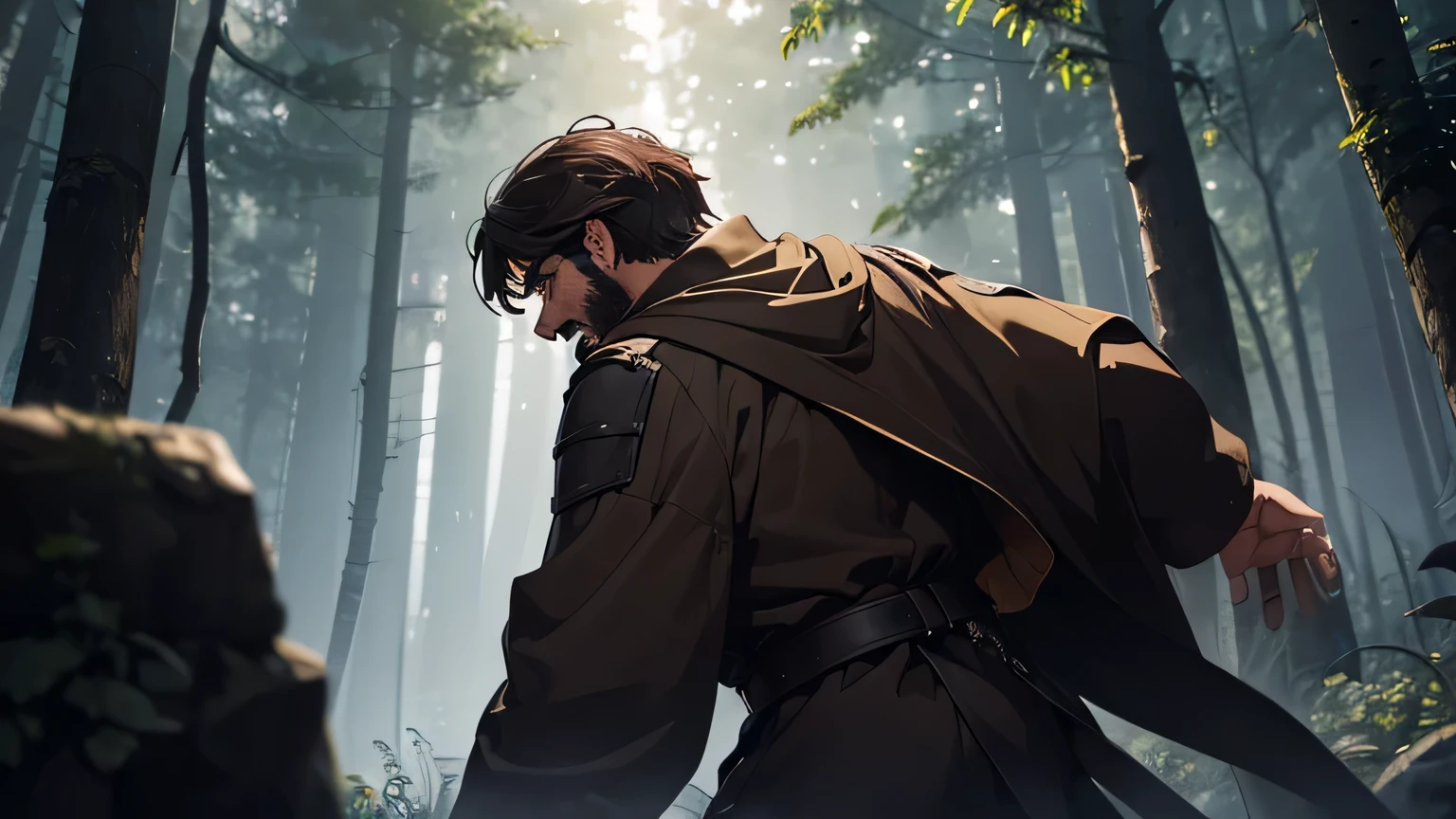 man with dark brown beard, long dark brown hair, light yellow-brown eyes and dark brown and light brown tunic from the 4th century BC. C., with a light brown cloak, about 50 years old,screaming screaming scared, mouth open and expression of fear in a dark and mysterious forest at night, movement scene in the forest, changing lighting, hyperrealistic, cinematic lighting, back view