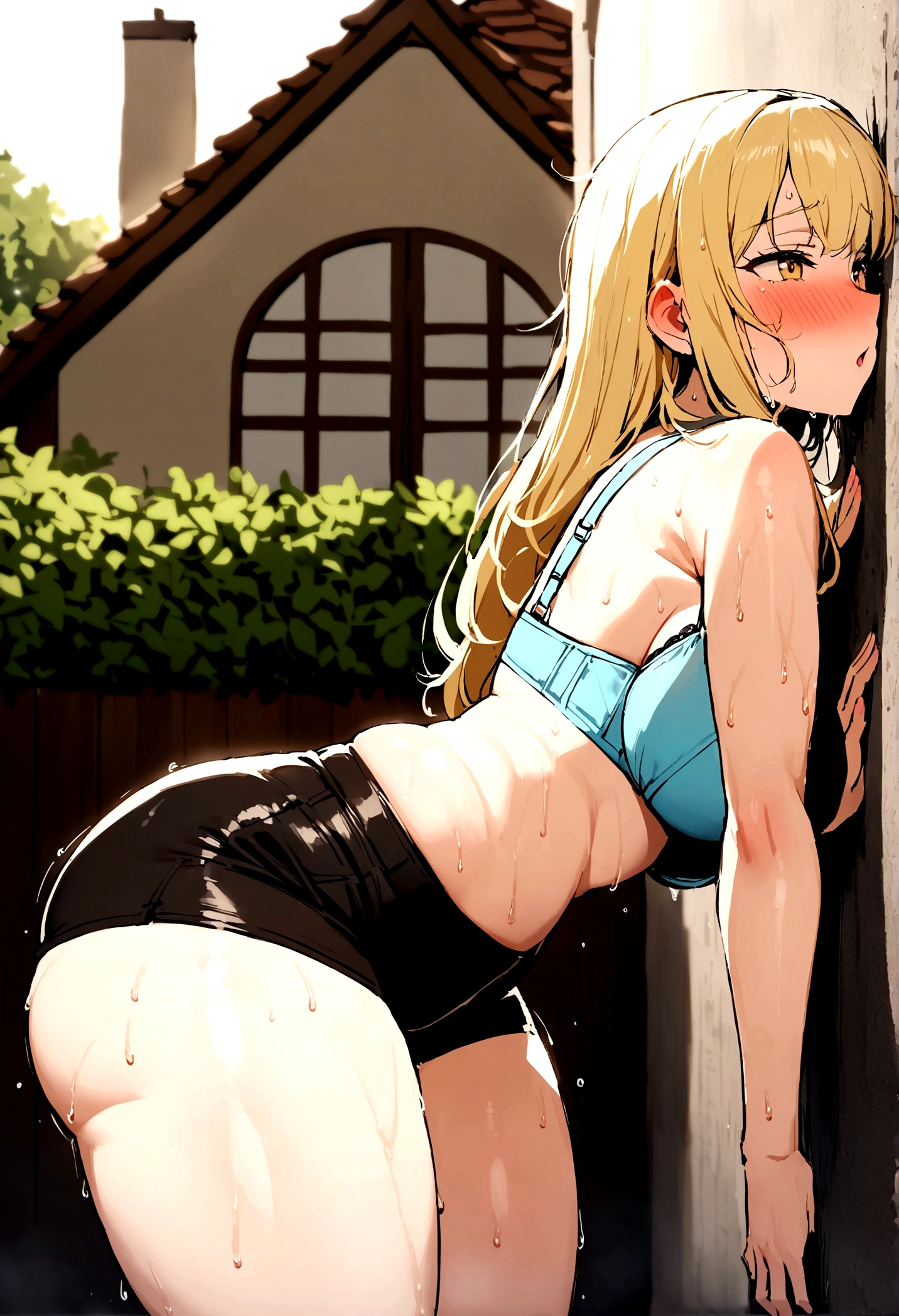 A beautiful blonde girl kissing with another woman while leaned against a wall, both women are wearing tight black shorts, blushing, moaning, and have big butts, both are sweaty, both wearing bras, thick thighs, background: house