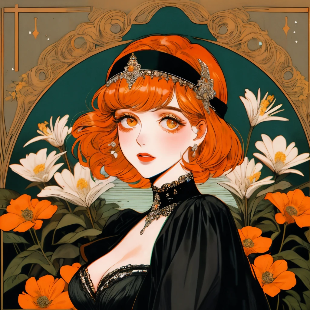 masterpiece, collage of short orange haired woman, hazel eyes, facing side slightly, show cleavage a little, wearing black dress and black flapper headband, German, 1920s, 1920s outfit, a singer, in a cruise, flower, calm demeanor