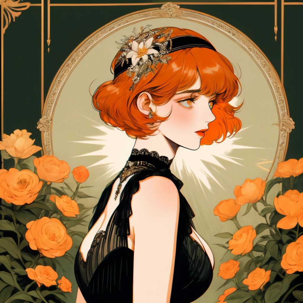 masterpiece, collage of short orange haired woman, hazel eyes, facing side slightly, show cleavage a little, wearing black dress and black flapper headband, German, 1920s, 1920s outfit, a singer, in a cruise, flower, calm demeanor
