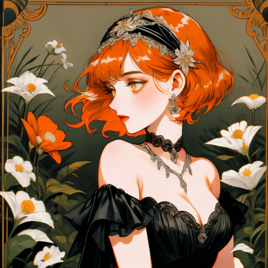 masterpiece, collage of short orange haired woman, hazel eyes, facing side slightly, show cleavage a little, wearing black dress and black flapper headband, German, 1920s, 1920s outfit, a singer, in a cruise, flower, calm demeanor