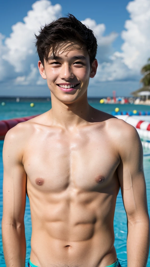 male Age 29 swimwear lifeguard topless smile