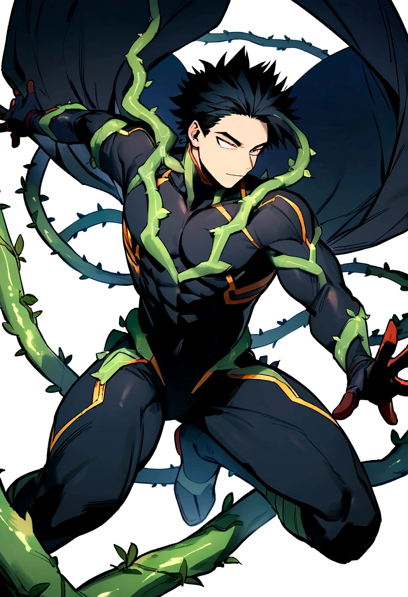 Male character from my hero academia with long black hair with a green streak and branches or vines on his body