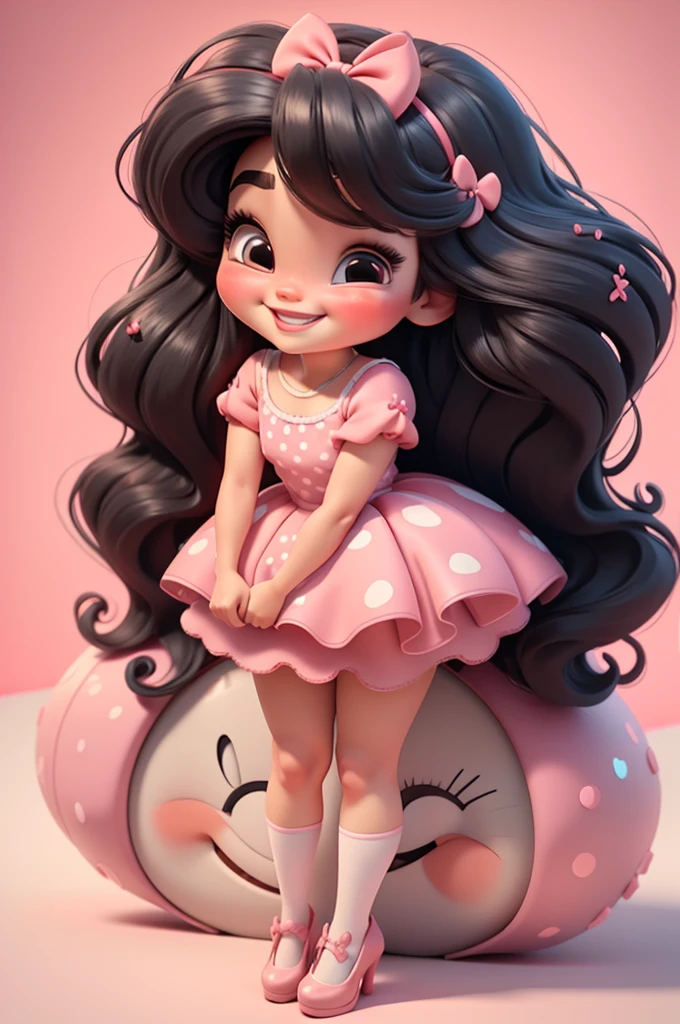 3d illustration, pixar style, cute chibi, baby girl adriana lima, black hair, long hair, red bow in hair, dress red with black with white dots, bright eyes, big eyelash, pink cheeks, happy, smiling, glitter, white socks, red high heels shoes, exuberant, fantastic, cute pose, wonderful, white background, clean solid background, hq, 8k, masterpiece
