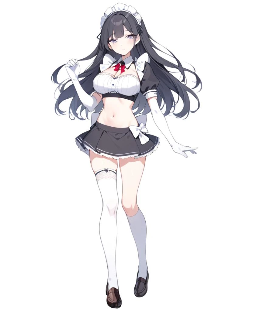 (1girl), (full body:1.2), (white background:1.15), ((standing)), solo, looking at viewer, tachi-e, (maid), cropped top, (own hands clasped), navel, midriff, headdress, white apron, white frill, white gloves, (elbow gloves), opera gloves, white knee socks, white stocking, thigh high socks, boutie, loafer, lace trim, lace, (miniskirt:1.15), (black skirt), black puffy short sleeve, slim waist, (large breasts), 18 years old, teenager, (long hair), black hair, straight hair, (thin thigh), skinny, detailed eyes, sharp face, attractive, kindness, ornate, gorgeous, luxurious