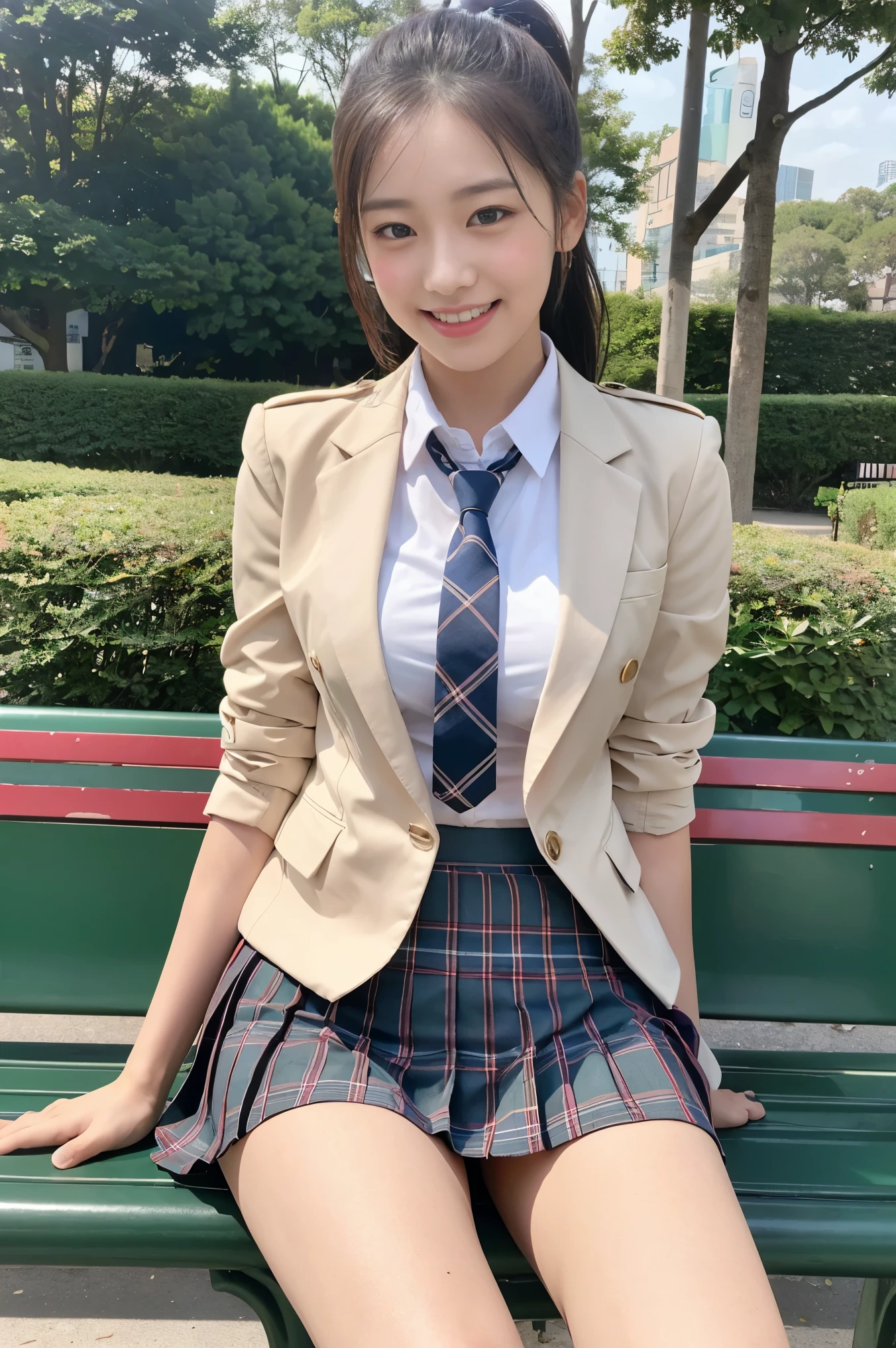 (8K), (highest quality: 1.2), (Realistic), (Realistic: 1.37), Ultra-high resolution, 1 girl, cute, (Embarrassed smile:1.2), (Blushing:1.4),Mouth closed, Beautiful details, Beautiful Nose, ponytail hair, giant dulcefo, pork, Thighs,Navel exposed,University Student Uniform,A simple blazer,Pleated skirt,(The skirt and tie are tartan check pattern.:1.3),Platform boots, (sitting on a park bench:1.2),(Shiny Thighs:1.2), medium shot