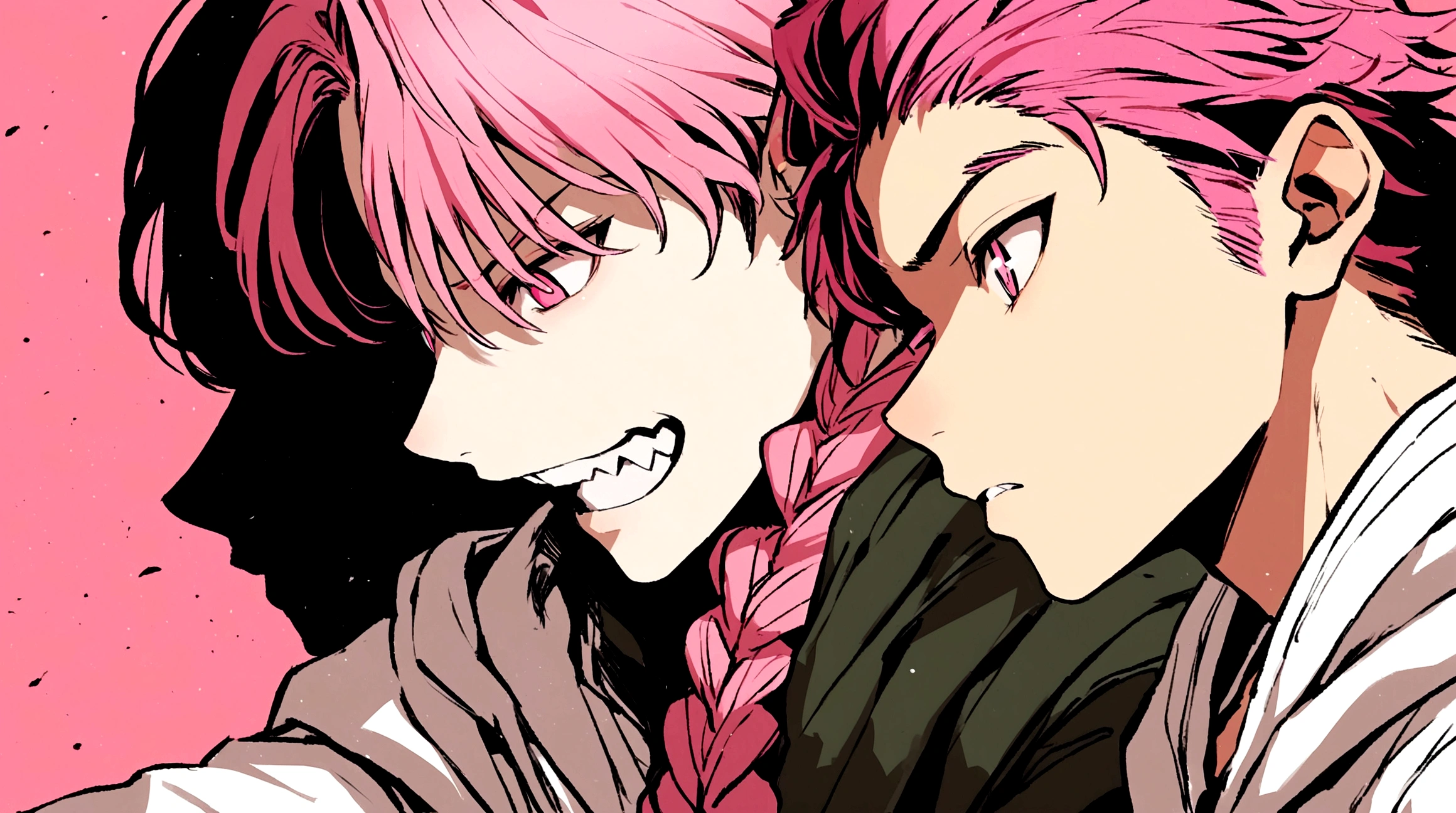 Beautiful youth,One boy,,Jagged teeth,Pink Hair,The right sideburn is braided,Cat-like narrow pupils,Pink Eyes,Wearing a hoodie.