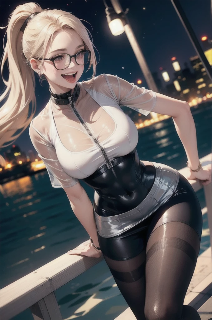 woman,20-year-old,,city,night,White tight mini skirt bodysuit,(),Laughing with your mouth open((See-through))Glasses,((Beautiful long ponytail))