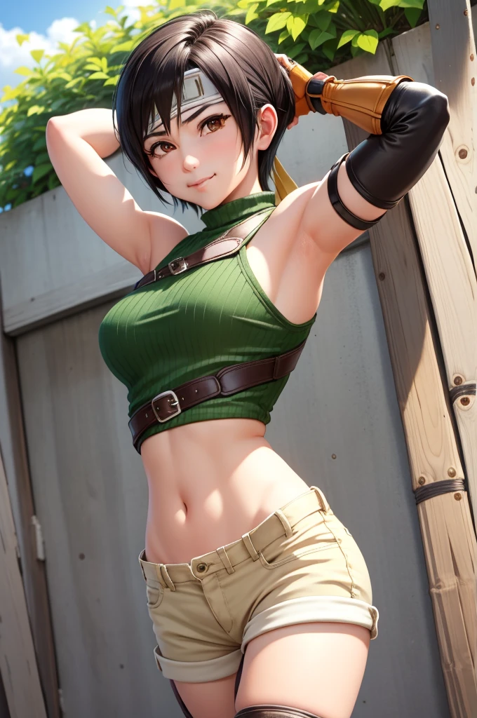 masterpiece, best quality, yuffie kisaragi, headband, green crop top, shoulder armor, armguard, fingerless gloves, tan shorts, single thighhigh, fishnets, upper body, looking at viewer, furrowed brow, smug smile, closed mouth, grass, bamboo, sky, arms up, armpits visible, sweaty armpits