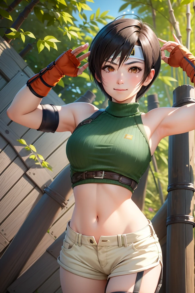 masterpiece, best quality, yuffie kisaragi, headband, green crop top, shoulder armor, armguard, fingerless gloves, tan shorts, single thighhigh, fishnets, upper body, looking at viewer, furrowed brow, smug smile, closed mouth, grass, bamboo, sky, arms up, armpits visible, sweaty armpits