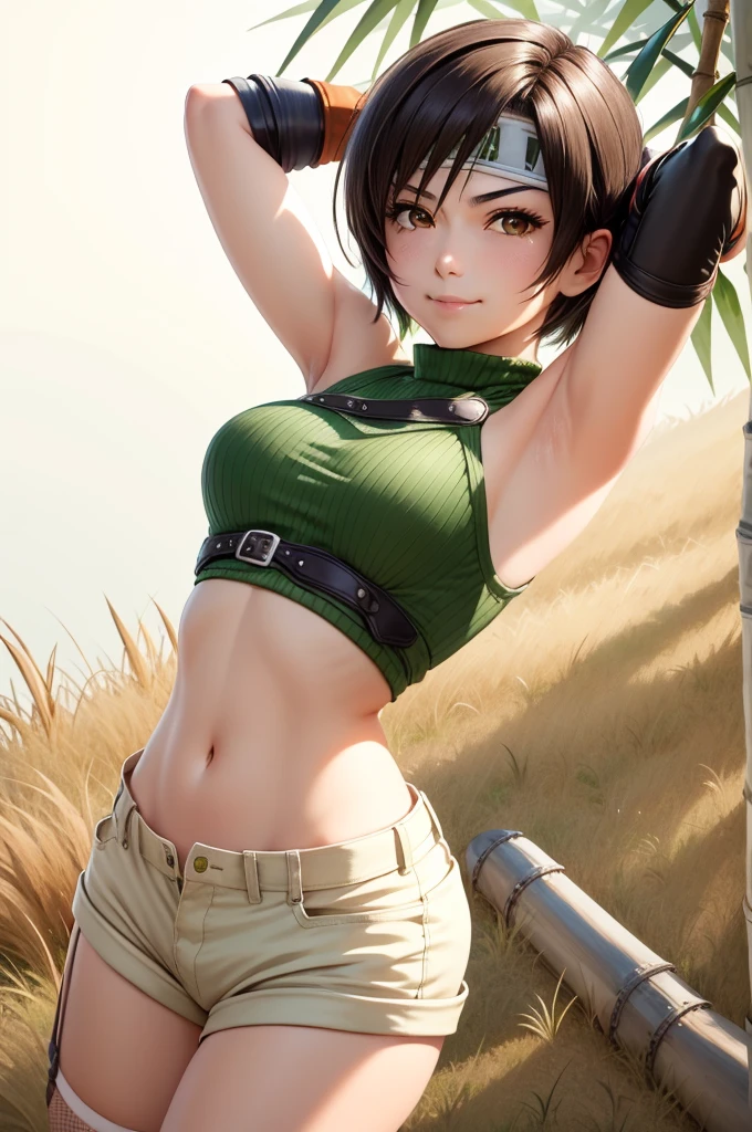 masterpiece, best quality, yuffie kisaragi, headband, green crop top, shoulder armor, armguard, fingerless gloves, tan shorts, single thighhigh, fishnets, upper body, looking at viewer, furrowed brow, smug smile, closed mouth, grass, bamboo, sky, arms up, armpits visible, sweaty armpits