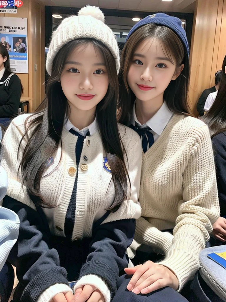 (A photo of a super cute Korean schoolgirl wearing a high-end sweater that looks like a school uniform:1.2)(smile,grin:1.1)(Beautiful Sweat:1.1)(16K, RAW Photos, Highest quality, masterpiece: 1.2),(Shiny and beautiful black long hair) Super detailed, Super Resolution, (Genuine, Genuine photos: 1.37), Portraiture, High-resolution RAW color photos, Professional photos, Very detailed, 8k wallpaper, Very detailed CG Unity 8k wallpaper, Very detailed beautiful girls, Very detailed faces, ((whole body)), beautiful woman, Huge breasts,(huge boobs:1.1) (Big Boobs:1.1), beautiful  (Wearing a high-end school uniform-style sweater),high school girl, Korean Girls,(K-POP Female Idols), (Idol-class beauty)(Beautiful high school girl:1.1)(Famous theme parks)()Amusement park date,Cute knitted hats