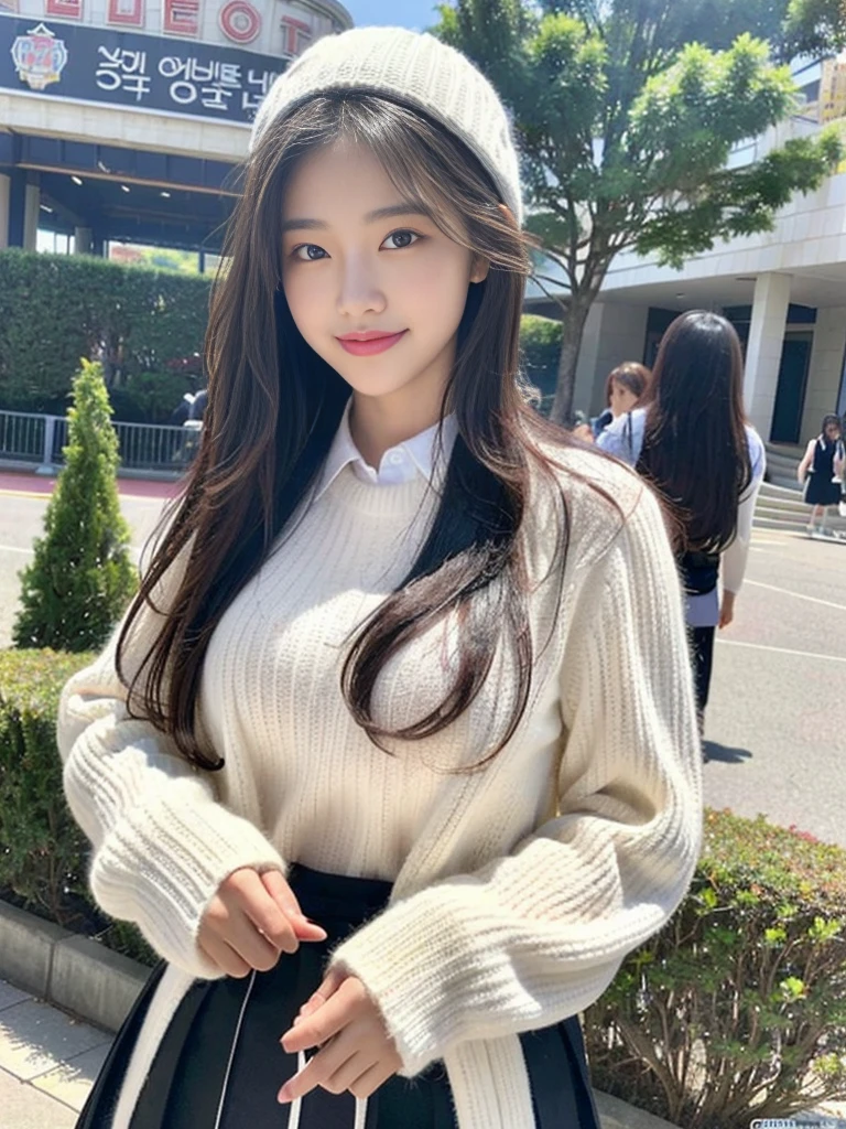 (A photo of a super cute Korean schoolgirl wearing a high-end sweater that looks like a school uniform:1.2)(smile,grin:1.1)(Beautiful Sweat:1.1)(16K, RAW Photos, Highest quality, masterpiece: 1.2),(Shiny and beautiful black long hair) Super detailed, Super Resolution, (Genuine, Genuine photos: 1.37), Portraiture, High-resolution RAW color photos, Professional photos, Very detailed, 8k wallpaper, Very detailed CG Unity 8k wallpaper, Very detailed beautiful girls, Very detailed faces, ((whole body)), beautiful woman, Huge breasts,(huge boobs:1.1) (Big Boobs:1.1), beautiful  (Wearing a high-end school uniform-style sweater),high school girl, Korean Girls,(K-POP Female Idols), (Idol-class beauty)(Beautiful high school girl:1.1)(Famous theme parks)(************)Amusement park date,Cute knitted hats