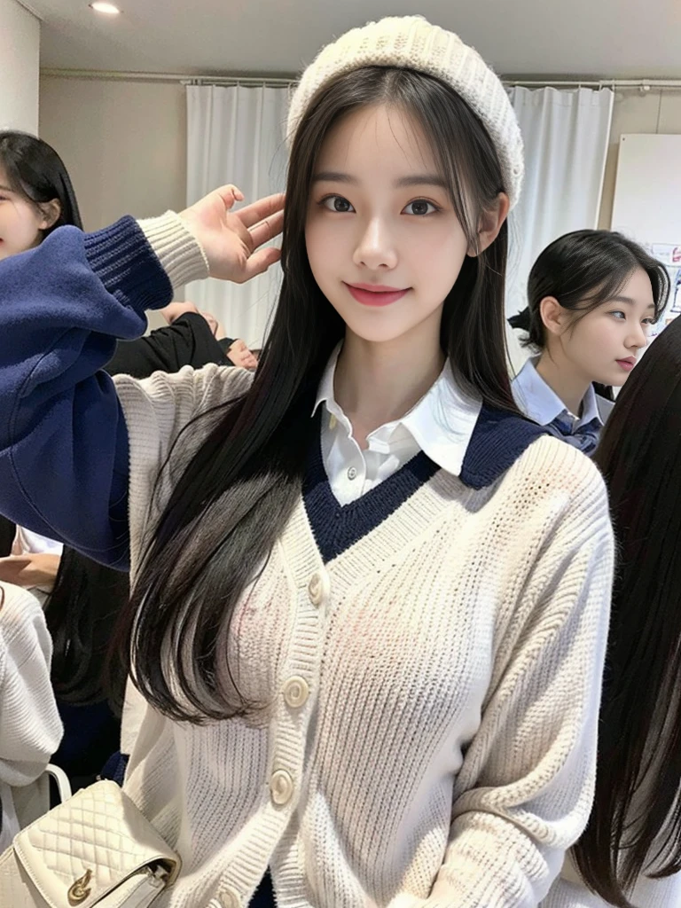 (A photo of a super cute Korean schoolgirl wearing a high-end sweater that looks like a school uniform:1.2)(smile,grin:1.1)(Beautiful Sweat:1.1)(16K, RAW Photos, Highest quality, masterpiece: 1.2),(Shiny and beautiful black long hair) Super detailed, Super Resolution, (Genuine, Genuine photos: 1.37), Portraiture, High-resolution RAW color photos, Professional photos, Very detailed, 8k wallpaper, Very detailed CG Unity 8k wallpaper, Very detailed beautiful girls, Very detailed faces, ((whole body)), beautiful woman, Huge breasts,(huge boobs:1.1) (Big Boobs:1.1), beautiful  (Wearing a high-end school uniform-style sweater),high school girl, Korean Girls,(K-POP Female Idols), (Idol-class beauty)(Beautiful high school girl:1.1)(Famous theme parks)(************)Amusement park date,Cute knitted hats