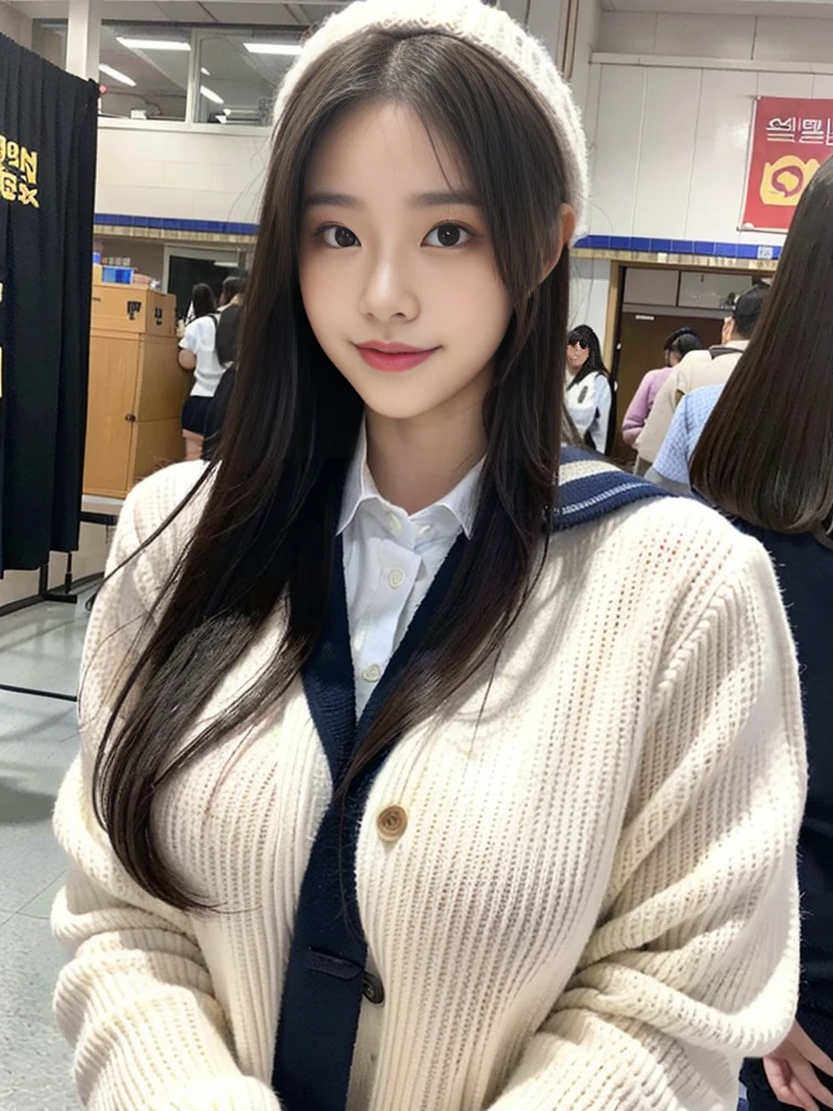 (A photo of a super cute Korean schoolgirl wearing a high-end sweater that looks like a school uniform:1.2)(smile,grin:1.1)(Beautiful Sweat:1.1)(16K, RAW Photos, Highest quality, masterpiece: 1.2),(Shiny and beautiful black long hair) Super detailed, Super Resolution, (Genuine, Genuine photos: 1.37), Portraiture, High-resolution RAW color photos, Professional photos, Very detailed, 8k wallpaper, Very detailed CG Unity 8k wallpaper, Very detailed beautiful girls, Very detailed faces, ((whole body)), beautiful woman, Huge breasts,(huge boobs:1.1) (Big Boobs:1.1), beautiful  (Wearing a high-end school uniform-style sweater),high school girl, Korean Girls,(K-POP Female Idols), (Idol-class beauty)(Beautiful high school girl:1.1)(Famous theme parks)()Amusement park date,Cute knitted hats