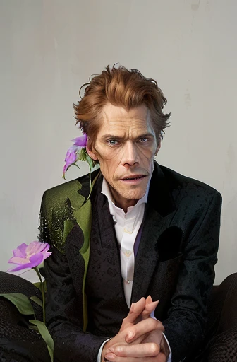 arafed man in a suit sitting next to a flower, william dafoe, willem dafoe, willem dafoe in plague knight, willem dafoe as spiderman, willem dafoe as scarecrow, willem dafoe as the joker, willem dafoe as a sith lord, hugh grant, bryan cranston, david bowie, with flowers