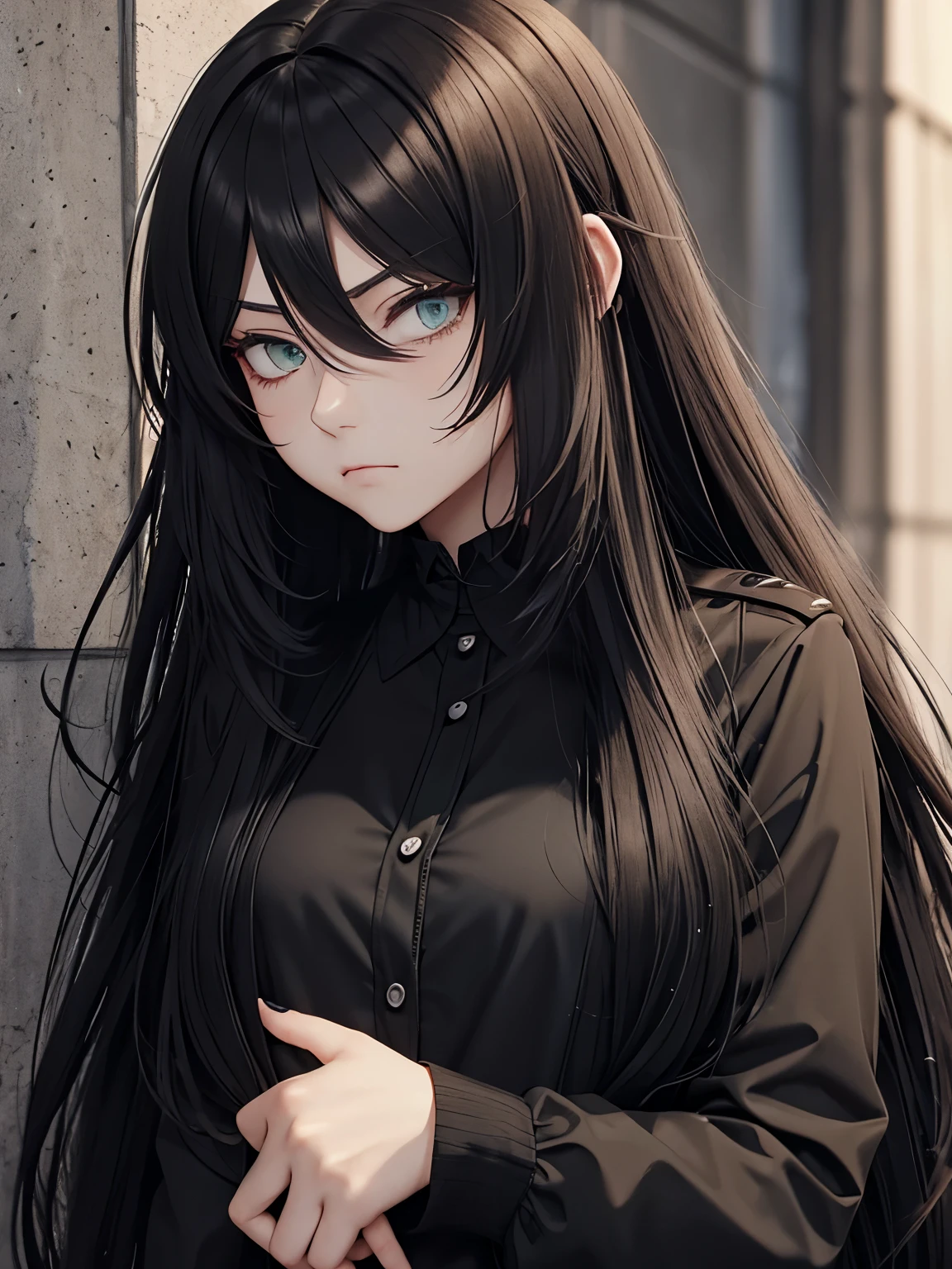 Streamer Alina Rin, russet hair, slightly green eyes, gothic jacket and a black colored shirt, long hair, messy hair, hair spread out, straight hair, big hair, expressive hair, long eyelashes, closed mouth, turn pale, tsundere, troll, lonely, tired, pensive