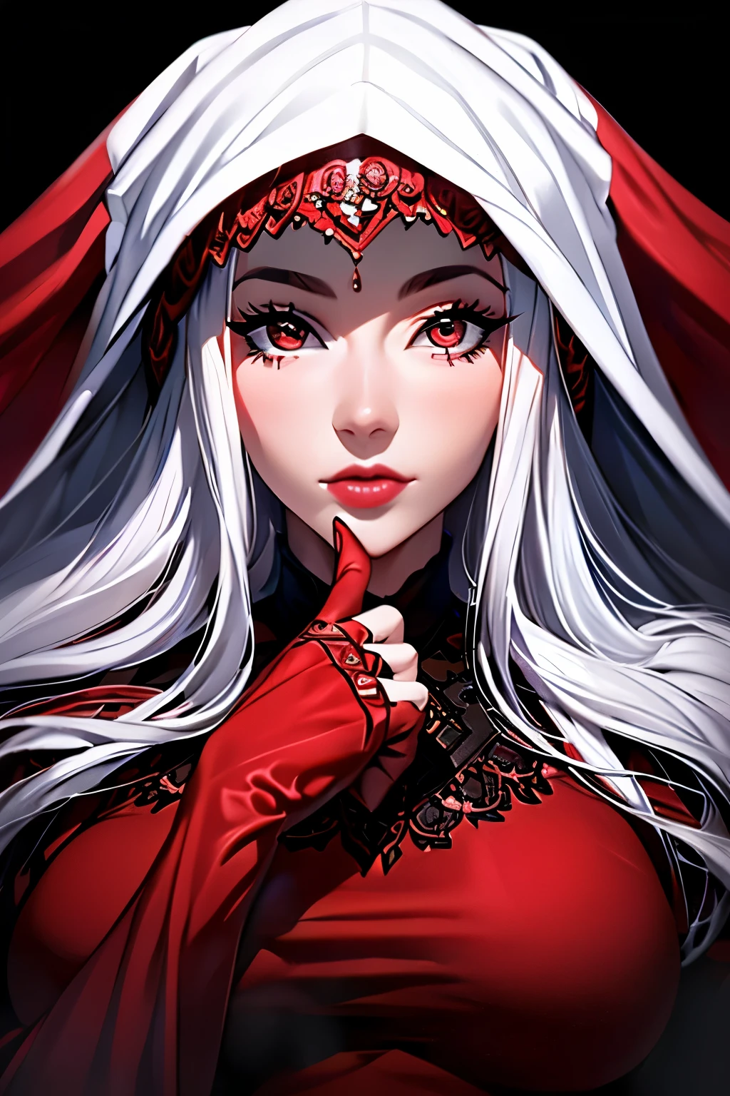 a chubby elegant woman in a white and red veil covering her eyes, fingers on her lips, long silver nails, black background, photo-realistic, high quality, intricate details, oil painting, dramatic lighting, muted colors, mysterious atmosphere