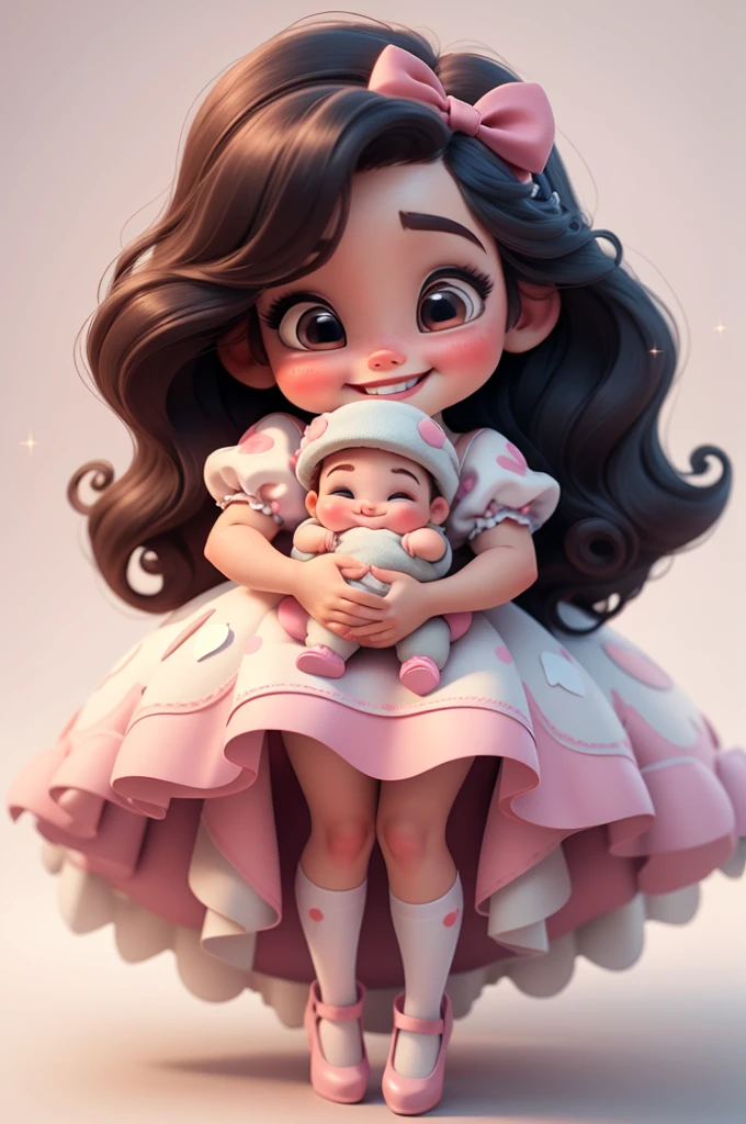 3d illustration, pixar style, cute chibi, baby girl adriana lima, black hair, long hair, red bow in hair, dress red with black with white dots, bright eyes, big eyelash, pink cheeks, happy, smiling, glitter, white socks, red high heels shoes, exuberant, fantastic, cute pose, wonderful, white background, clean solid background, hq, 8k, masterpiece
