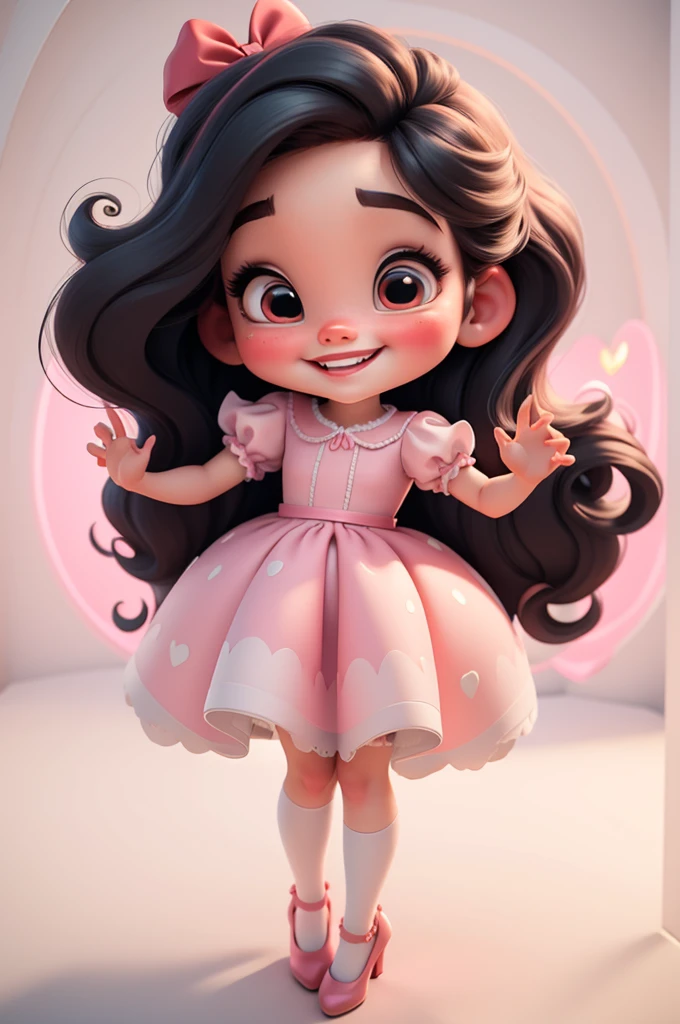 3d illustration, pixar style, cute chibi, baby girl adriana lima, black hair, long hair, red bow in hair, dress red with black with white dots, bright eyes, big eyelash, pink cheeks, happy, smiling, glitter, white socks, red high heels shoes, exuberant, fantastic, cute pose, wonderful, white background, clean solid background, hq, 8k, masterpiece
