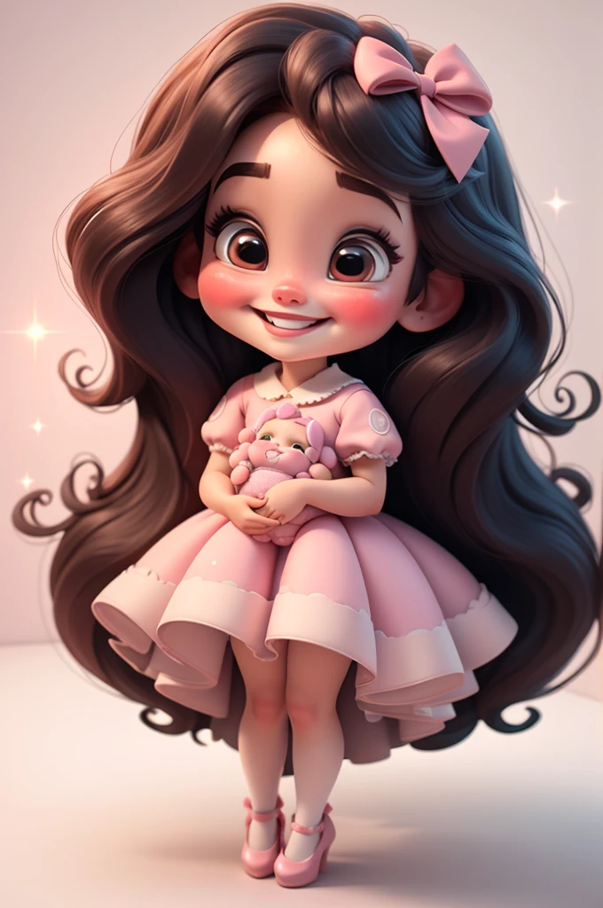 3d illustration, pixar style, cute chibi, baby girl adriana lima, black hair, long hair, red bow in hair, dress red with black with white dots, bright eyes, big eyelash, pink cheeks, happy, smiling, glitter, white socks, red high heels shoes, exuberant, fantastic, cute pose, wonderful, white background, clean solid background, hq, 8k, masterpiece
