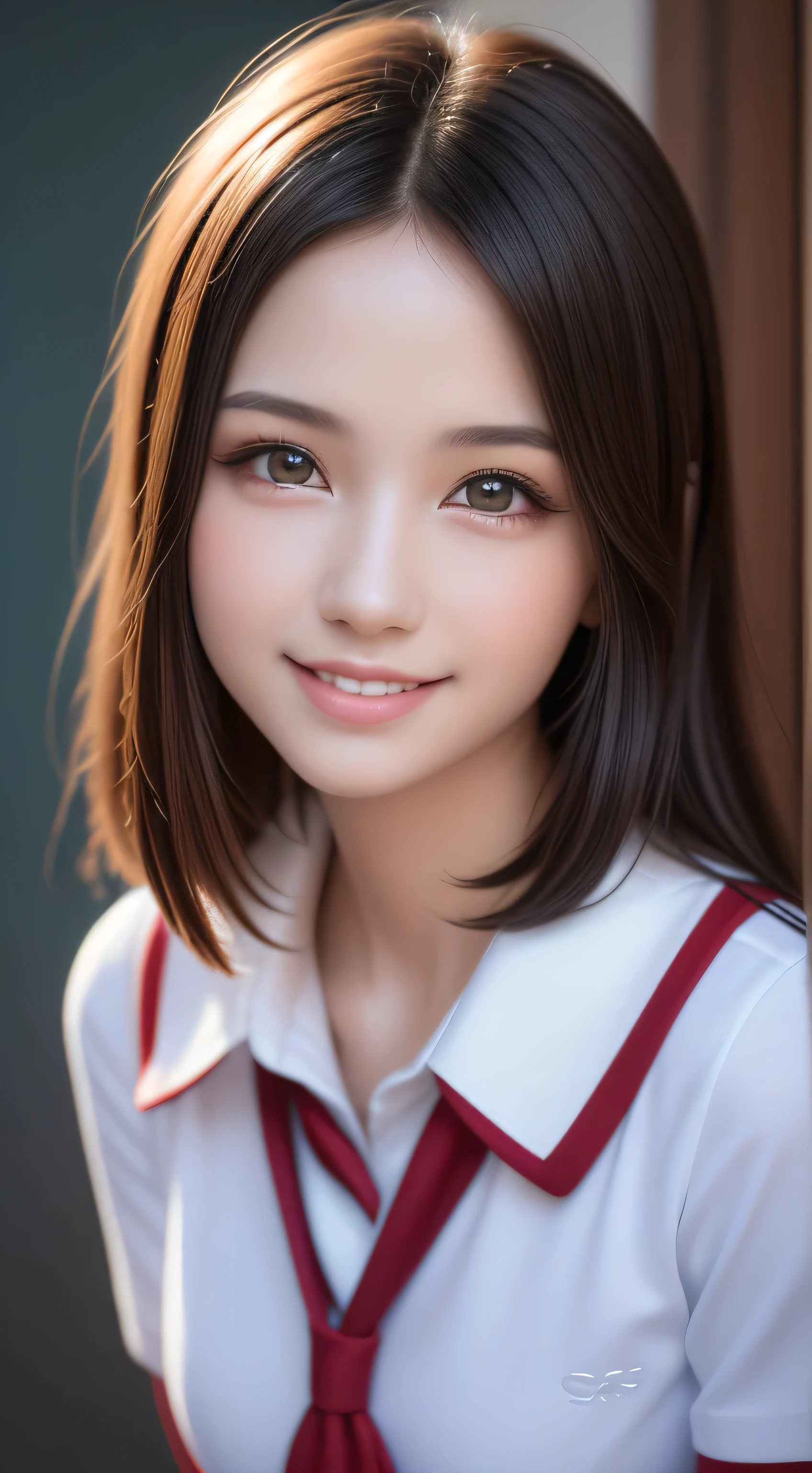 , 1girl in, Extremely cute, Amazing face and eyes, (Beautiful lovely smile), (extremely detailed beautiful face), bright and shiny lips, Super beautiful, (School uniform:1.3), (Best Quality:1.4), (hyper quality), (Ultra-detailed), (Hyper-realistic, Photorealsitic:1.37), Authentic skin texture, Highly detailed CG integrated 8k wallpapers, RAW Photos, professional photograpy, Cinematic lighting,
