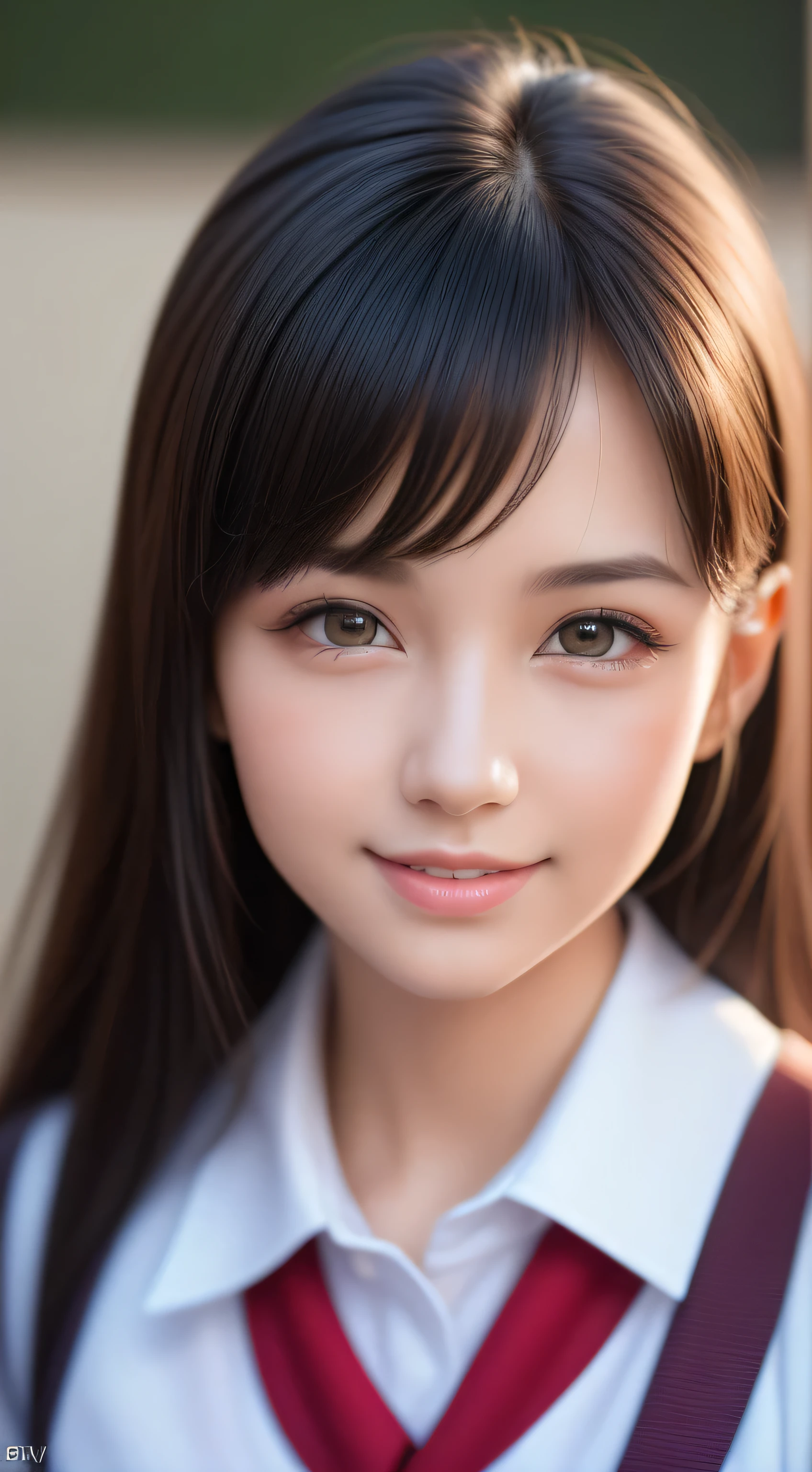 teen, 1girl in, Extremely cute, Amazing face and eyes, (Beautiful lovely smile), (extremely detailed beautiful face), bright and shiny lips, Super beautiful, (School uniform:1.3), (Best Quality:1.4), (hyper quality), (Ultra-detailed), (Hyper-realistic, Photorealsitic:1.37), Authentic skin texture, Highly detailed CG integrated 8k wallpapers, RAW Photos, professional photograpy, Cinematic lighting,