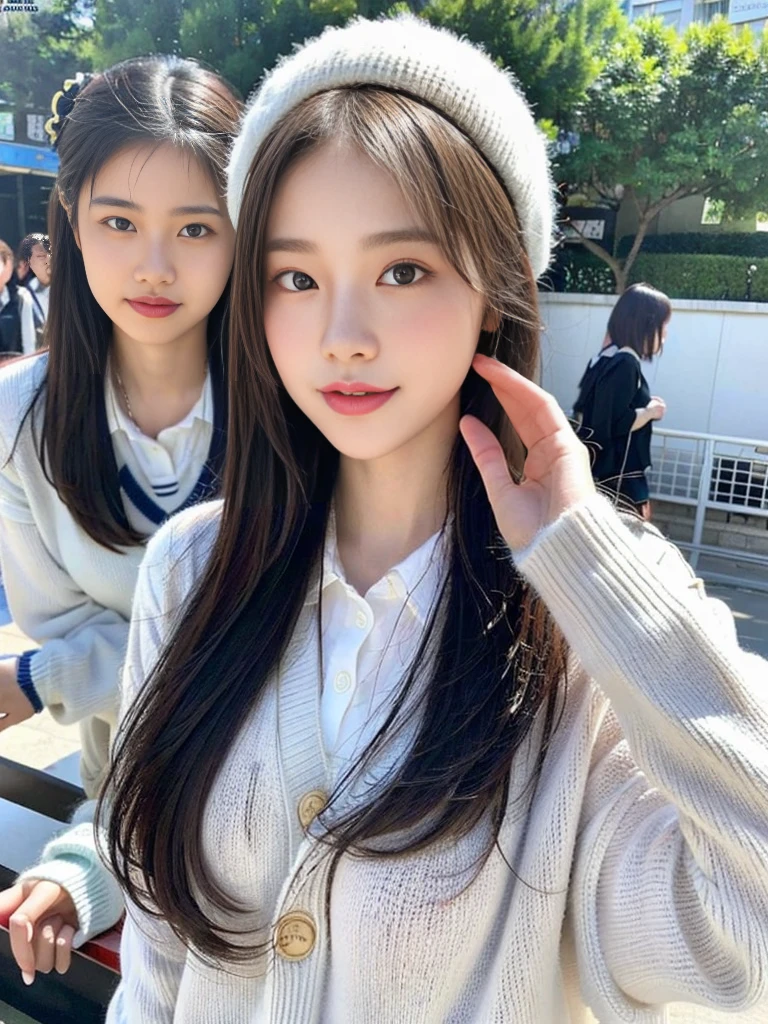 (A photo of a super cute Korean schoolgirl wearing a high-end sweater that looks like a school uniform:1.2)(smile,grin:1.1)(Beautiful Sweat:1.1)(16K, RAW Photos, Highest quality, masterpiece: 1.2),(Shiny and beautiful black long hair) Super detailed, Super Resolution, (Genuine, Genuine photos: 1.37), Portraiture, High-resolution RAW color photos, Professional photos, Very detailed, 8k wallpaper, Very detailed CG Unity 8k wallpaper, Very detailed beautiful girls, Very detailed faces, ((whole body)), beautiful woman, Huge breasts,(huge boobs:1.1) (Big Boobs:1.1), beautiful  (Wearing a high-end school uniform-style sweater),high school girl, Korean Girls,(K-POP Female Idols), (Idol-class beauty)(Beautiful high school girl:1.1)(Famous theme parks)(************)Amusement park date,Cute knitted hats