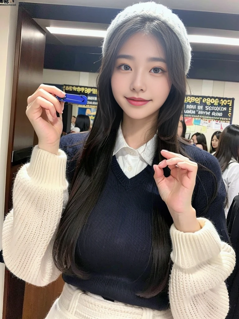 (A photo of a super cute Korean schoolgirl wearing a high-end sweater that looks like a school uniform:1.2)(smile,grin:1.1)(Beautiful Sweat:1.1)(16K, RAW Photos, Highest quality, masterpiece: 1.2),(Shiny and beautiful black long hair) Super detailed, Super Resolution, (Genuine, Genuine photos: 1.37), Portraiture, High-resolution RAW color photos, Professional photos, Very detailed, 8k wallpaper, Very detailed CG Unity 8k wallpaper, Very detailed beautiful girls, Very detailed faces, ((whole body)), beautiful woman, Huge breasts,(huge boobs:1.1) (Big Boobs:1.1), beautiful  (Wearing a high-end school uniform-style sweater),high school girl, Korean Girls,(K-POP Female Idols), (Idol-class beauty)(Beautiful high school girl:1.1)(Famous theme parks)()Amusement park date,Cute knitted hats