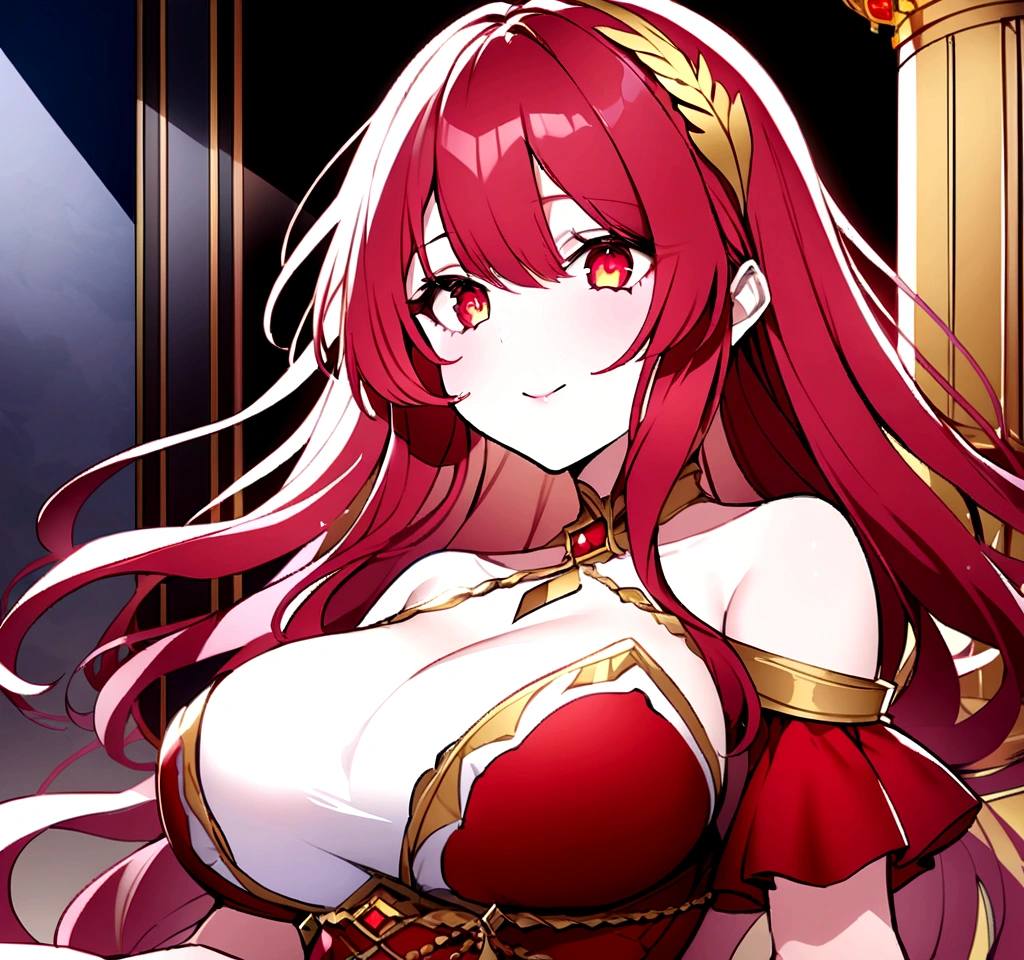 {{{ high quality}}}, Detailed illustration of a woman with {{Ruby-kissed long RED hair}}. {{{Her eyes are red and gold, an enchanting shade of golden and ruby red swirling vortexes, colorful cloudy and smoke-colored background}}}. She is on the mountain wearing a white dress. {{{LONG RED HAIR}}}. {{{eyes RED & GOLD}}}. {{{big breasts}}}, Close-up of girl, girls front.
