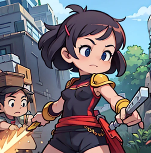 an animated character is in the background of a video game screener and an image of a girl in an with a sword on her shoulder and her breasts spread out