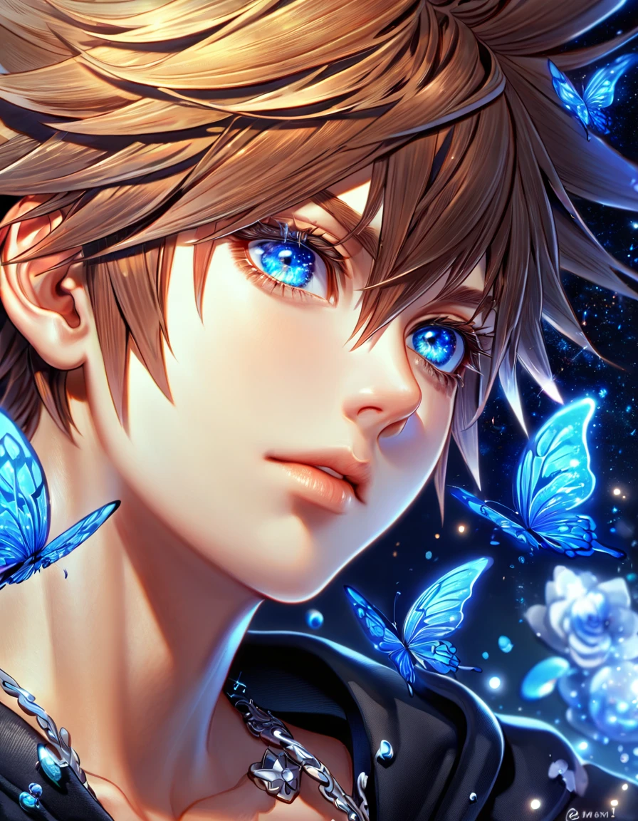 absurdres, highres, ultra detailed, HDR, master piece, best quality, extremely detailed, Sora, brown hair, expressive blue eyes, Kingdom Hearts, solo, sexy man, handsome, black jacket, fantasy, water, sparkling, blue glittering fireflies, blue moon, blue flowers, blue butterflies, starry sky