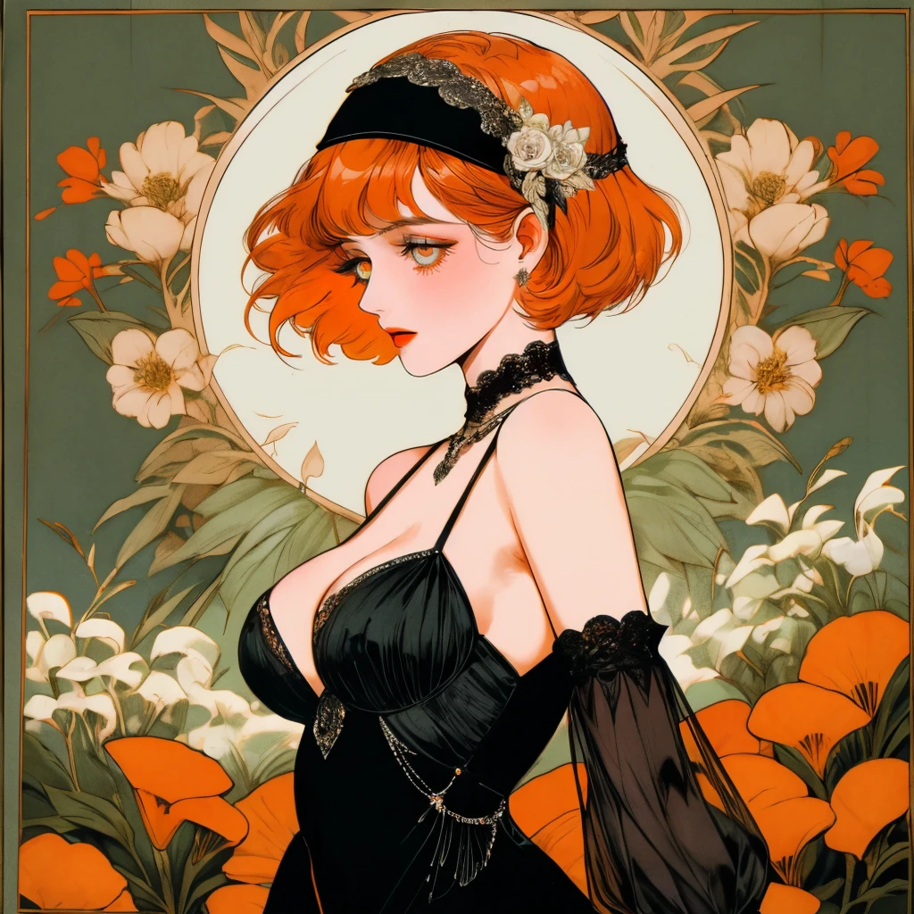 masterpiece, collage of short orange haired woman, hazel eyes, facing side slightly, show a little, wearing black dress and black flapper headband, German, 1920s, 1920s outfit, a singer, in a cruise, flower, calm demeanor