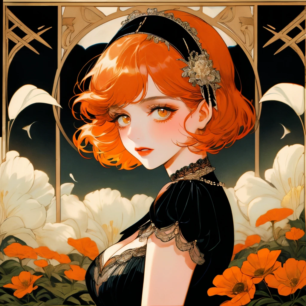 masterpiece, collage of short orange haired woman, hazel eyes, facing side slightly, show cleavage a little, wearing black dress and black flapper headband, German, 1920s, 1920s outfit, a singer, in a cruise, flower, calm demeanor